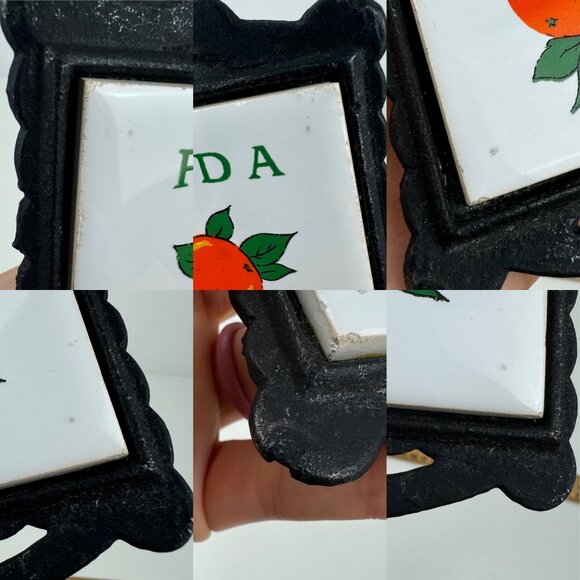 Vtg Florida Oranges White Ceramic Tile Cast Iron Trivet Tabletop Hanging Handle - Picture 5 of 12